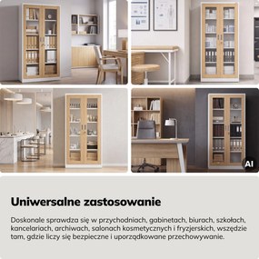 Witryna przeszklona metalowa wysoka z zamkiem biała/dąb sonoma, 900x1850x400 mm: AMELIA Eco Design