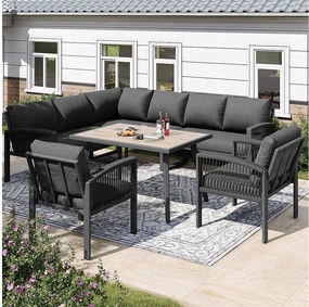 Zestaw mebli ogrodowych do jadalni dla 8 osób, plecionka, 1 stół z drewnianym usłojeniem, z galwanizowanej stali, narożna sofa - 2 fotele, szary