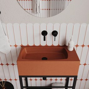 Umywalka betonowa wisząca / nablatowa prostokątna bez otworu na baterię 65 x 30 cm z półką ZALM | różne kolory : Kolor - Ceglasty, Typ montażu - nablatowa