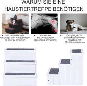 PawHut Schody dla Zwierząt Domowych z Wykładziną Dywanową Schowek Drewno Sosnowe Biały | Aosom PL