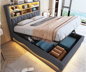 Łóżko dziecięce ze schowkiem 140x200 cm - z taśmą świetlną LED - z portem ładowania USB - len - szare (bez materaca)