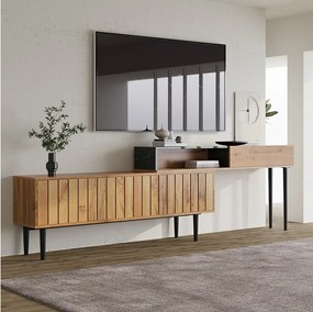 Nowoczesna szafka RTV z 2 drzwiami i 1 wnęką, wzór marmurowy, drewno MDF i nogi z żelaza, kolor naturalny