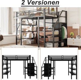 Łóżko mezzanine 140x200cm z metalu - z biurkiem i schowkami - Czarny