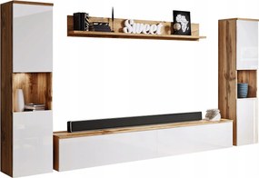 Nowoczesna meblościanka 4-elementowa do salonu z LED, 2 słupki, szafka RTV 180 cm i półka, korpus dąb wotan, fronty biały połysk