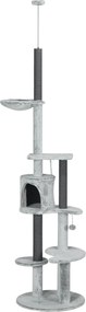 PawHut Drapak dla Kotów z Napinaczem Sufitowym, Hamakiem, Domkiem, Platformami, Piłką, 225-255cm, Szary