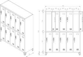 Metalowa szatnia 10-skrytkowa Bartek 136x45x172 cm, antracyt/niebieski