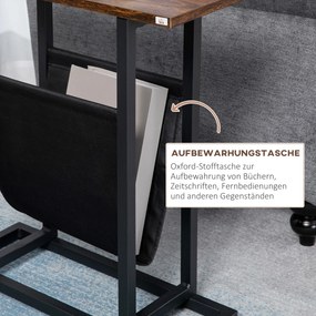 HOMCOM Stolik pomocniczy, stolik nocny, smukła konstrukcja, z kieszenią na materiały, stal, ciemnobrązowy+czarny, 49 x 19 x 55 cm