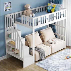 Łóżko piętrowe dla dzieci - 90 x 200 - ze schowkiem w schodach + barierka ochronna - drewno + MDF - białe