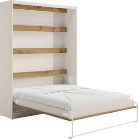 Łóżko chowane w szafie 160 x 200 cm - Ręczne otwieranie pionowe - Z diodami LED – Beżowy i naturalny - RAPILI