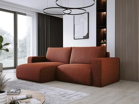 Narożnik z funkcją spania i pojemnikiem, miękki sztruks, lewy, 247x143x83 cm, kolor brązowy