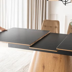 Zestaw Stół Rozkładany Ceramiczny LIZBONA 160-200 cm Czarny/Dąb i 4 Krzesła Tapicerowane RODRI Beżowe