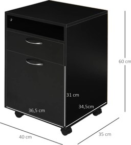 HOMCOM Kontener na kółkach z szufladami, 1 półka, 1 szuflada, 40 cm x 35 cm x 60 cm, Czarny