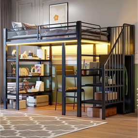 Łóżko piętrowe metalowe dla dzieci - 90 x 200 cm - z diodami LED + gniazdko elektryczne + półka + biurko - metalowe - czarne