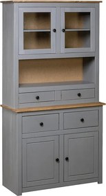 Wysoka szafka bufetowa z litego sosnowego drewna 93x40,5x180 cm z 4 szufladami, przeszklonymi drzwiami i otwartą półką – rustykalny styl Panama