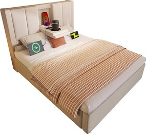 Łóżko tapicerowane z pojemnikiem na pościel - 90 x 200 cm - z ukrytym uchwytem na kubek i stacją ładującą - len - beżowe (z materacem)
