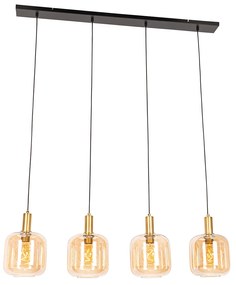 Inteligentna lampa wisząca czarna z mosiądzem i bursztynowym szkłem 4-źródła światła z 4 Wifi G95 - ZuzannaDesignerski Oswietlenie wewnetrzne