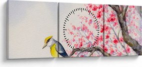 Obraz - ptak na drzewie z czerwonymi kwiatami (z zegarem) (90x30 cm)