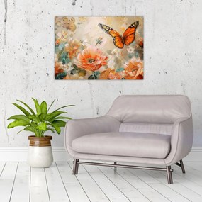 Obraz na szkle - Motyl i kwiaty, obraz olejny (70x50 cm)