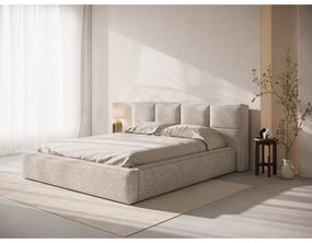 Beżowe tapicerowane łóżko dwuosobowe ze schowkiem i stelażem 160x200 cm Simon – Micadoni