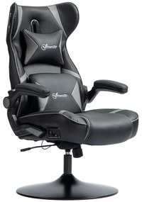Vinsetto Ergonomiczny fotel gamingowy z funkcją kołysania i głośnikami, wsparcie lędźwiowe i na szyję, do pokoju gracza, sztuczna skóra, Szary+Czarny