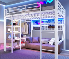 Łóżko na antresoli 140x200 cm - Konstrukcja stalowa - z przegródkami do przechowywania - z oświetleniem LED - Biały (materac nie jest wliczony w cenę)