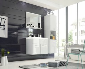 Zestaw mebli łazienkowych, komplet wiszący z umywalką, lustrem i słupkiem, korpus biały mat fronty biały połysk