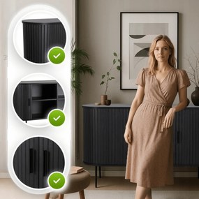 Owalna komoda z lamelami i przesuwnymi frontami Trish 180 cm, czarna
