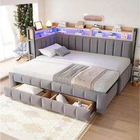 Łóżko wysuwane 90 x 200 cm z możliwością rozłożenia do 180 x 200 cm z 2 szufladami, oświetleniem LED, portami USB i Type-C - Aksamit + metal + MDF - Jasnoszary