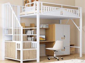 Łóżko mezzanine metalowe 90x200cm - z drabiną do przechowywania - Białe (materac nie jest w zestawie)