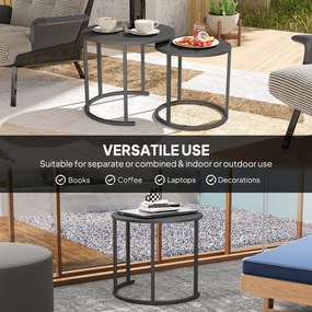 Outsunny 2-osobowy zestaw stolików bocznych, stolik ogrodowy okrągły, odporny na warunki pogodowe, stolik balkonowy ze stali, oszczędzający miejsce Ciemnoszary