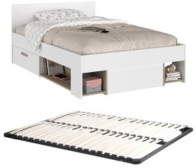 Łóżko 120 x 190 cm  ze skrzynią i - Biały i naturalny + Stelaż - KINSELIA