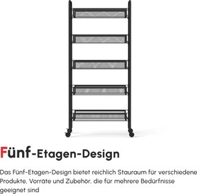 HOMCOM Wózek kuchenny z 5 koszami z drutu, 4 haczykami, 4 kołami, 2 uchwytami, stal/tworzywo sztuczne, 45x26,5x106 cm, Czarny