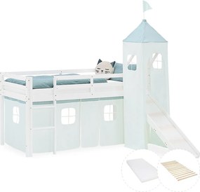 Łóżko piętrowe dla dzieci 90x200 cm Białe Zielone z zasłoną, zjeżdżalnią, wieżą, stelażem i materacem