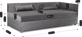 Łóżko Tapczan Młodzieżowe KARO 2 90x200 cm Narożne Szare Welurowe