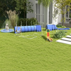 PawHut Zestaw Agility dla Psów, Tor Przeszkód dla Psów, 1 Obwód Skokowy, 2 Tunele, 2 Przeszkody, 321 cm x 63 cm x 93 cm, Niebieski + Czerwony + Biały