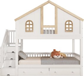 Łóżko piętrowe dla dzieci - 2 x 90 x 200 cm - z oknem + 2 szuflady + 4 schowki w schodach - sosna + MDF - białe + naturalne