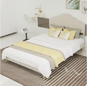 Łóżko dla dorosłych 140x200 cm - Łóżko małżeńskie z wyściełanym zagłówkiem i stelażem z listew - beżowy aksamit - bez materaca