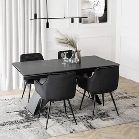 Zestaw Stół Prostokątny Rozkładany VICTOR 160-240 cm Czarny Marmur i 4 Krzesła MODESTO Czarne Welurowe Nowoczesne