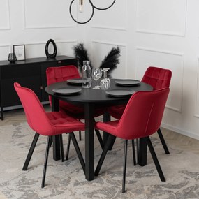 Zestaw Stół Okrągły Rozkładany HARRY 102-142 cm Czarny i 4 Krzesła Tapicerowane RICK Bordowe Nowoczesne Loft