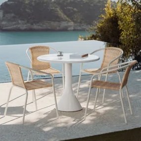 Zestaw Okrągłego Stołu Ø90 Cm Z Cementu I Włókna Szklanego Melody Oraz 4 Krzeseł Ogrodowych Ze Stali I Syntetycznego Rattanu Kal Biała - Sklum