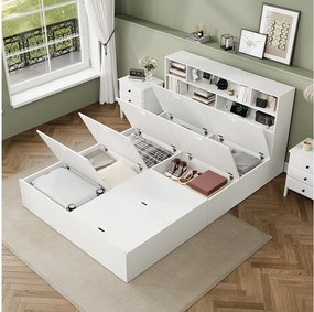 Łóżko dziecięce ze schowkiem - 140 x 200 cm - z portem USB + wezgłowiem ze schowkiem - MDF - białe