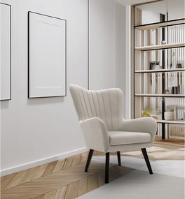 Fotel TED z tkaniny Velluto, wysoka oparcie, szerokie siedzisko, czarne nogi, pionowe przeszycia, 76x78x100 cm, jasnoszary