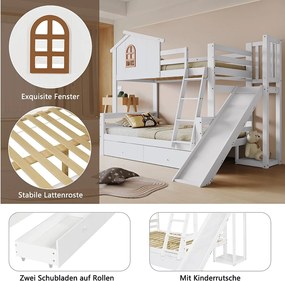 Łóżko piętrowe dla dzieci - 90 x 200 cm + 120 x 200 cm - z oknami + schodami + zjeżdżalnią + 2 szufladami - drewno + MDF - białe