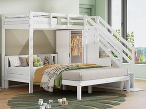 Łóżko piętrowe dla dzieci 90x200 cm + 140x200 cm - z szafą i schodami do przechowywania - z litego drewna i MDF - Białe
