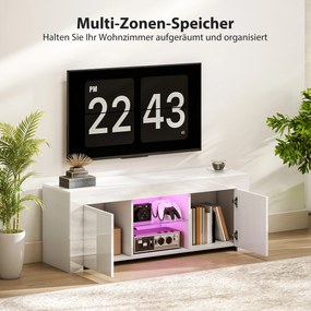 HOMCOM Stolik TV z oświetleniem LED, 2 drzwi szafy, szklana półka, otwory na kable, do salonu, płyta wiórowa, Biały