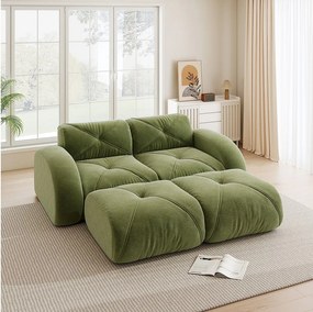 Kanapa 2-osobowa Modułowa z 2 Pufami z Chenille, Design Minimalistyczny bez Ramy, Głębokie i Elastyczne Siedzenie - Zielony