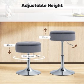HOMCOM Stołek barowy, stołek bistro ze schowkiem, obrotowe krzesło barowe, regulowany stołek kuchenny z welurowym obiciem, 39x39x65 cm, Szary