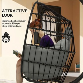 Outsunny Zewnętrzny Fotel Wiszący z Składanym Siedziskiem i Grubymi Poduszkami, Stojak, Zagłówek, Uchwyt na Kubek, Czarny