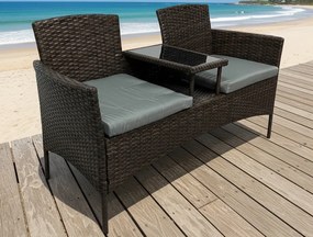 Meble ogrodowe Ratina, dwuosobowa sofa ze stolikiem, kolor brązowy, poduszki szare
