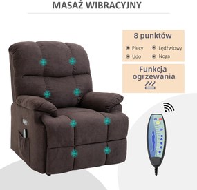 HOMCOM Fotel masujący z funkcją wstawania i ogrzewania regulowany kąt nachylenia z pilotem plusz brązowy | Aosom PL